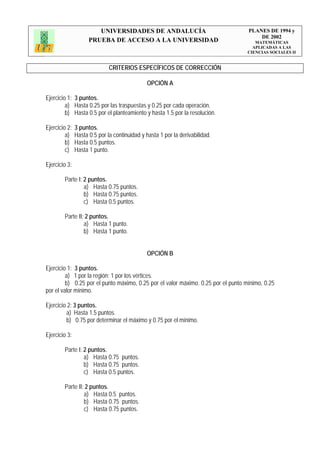 UNIVERSIDADES DE ANDALUCÍA                                 PLANES DE 1994 y
                                                                                       DE 2002
                     PRUEBA DE ACCESO A LA UNIVERSIDAD                               MATEMÁTICAS
                                                                                    APLICADAS A LAS
                                                                                  CIENCIAS SOCIALES II


                              CRITERIOS ESPECÍFICOS DE CORRECCIÓN

                                              OPCIÓN A

Ejercicio 1: 3 puntos.
         a) Hasta 0.25 por las traspuestas y 0.25 por cada operación.
         b) Hasta 0.5 por el planteamiento y hasta 1.5 por la resolución.

Ejercicio 2:   3 puntos.
         a)    Hasta 0.5 por la continuidad y hasta 1 por la derivabilidad.
         b)    Hasta 0.5 puntos.
         c)    Hasta 1 punto.

Ejercicio 3:

        Parte I: 2 puntos.
                 a) Hasta 0.75 puntos.
                 b) Hasta 0.75 puntos.
                 c) Hasta 0.5 puntos.

        Parte II: 2 puntos.
                 a) Hasta 1 punto.
                 b) Hasta 1 punto.


                                              OPCIÓN B

Ejercicio 1: 3 puntos.
         a) 1 por la región; 1 por los vértices.
         b) 0.25 por el punto máximo, 0.25 por el valor máximo. 0.25 por el punto mínimo, 0.25
por el valor mínimo.

Ejercicio 2: 3 puntos.
         a) Hasta 1.5 puntos.
         b) 0.75 por determinar el máximo y 0.75 por el mínimo.

Ejercicio 3:

        Parte I: 2 puntos.
                 a) Hasta 0.75 puntos.
                 b) Hasta 0.75 puntos.
                 c) Hasta 0.5 puntos.

        Parte II: 2 puntos.
                 a) Hasta 0.5 puntos.
                 b) Hasta 0.75 puntos.
                 c) Hasta 0.75 puntos.
 