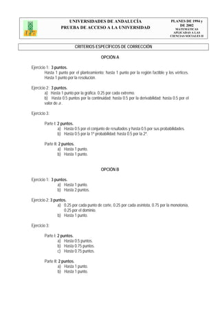 UNIVERSIDADES DE ANDALUCÍA                                       PLANES DE 1994 y
                                                                                          DE 2002
                  PRUEBA DE ACCESO A LA UNIVERSIDAD                                     MATEMÁTICAS
                                                                                       APLICADAS A LAS
                                                                                     CIENCIAS SOCIALES II


                          CRITERIOS ESPECÍFICOS DE CORRECCIÓN

                                           OPCIÓN A

Ejercicio 1: 3 puntos.
         Hasta 1 punto por el planteamiento; hasta 1 punto por la región factible y los vértices.
         Hasta 1 punto por la resolución.

Ejercicio 2: 3 puntos.
         a) Hasta 1 punto por la gráfica. 0.25 por cada extremo.
         b) Hasta 0.5 puntos por la continuidad; hasta 0.5 por la derivabilidad; hasta 0.5 por el
         valor de a .

Ejercicio 3:

        Parte I: 2 puntos.
                 a) Hasta 0.5 por el conjunto de resultados y hasta 0.5 por sus probabilidades.
                 b) Hasta 0.5 por la 1ª probabilidad; hasta 0.5 por la 2ª.

        Parte II: 2 puntos.
                 a) Hasta 1 punto.
                 b) Hasta 1 punto.


                                           OPCIÓN B

Ejercicio 1: 3 puntos.
                a) Hasta 1 punto.
                b) Hasta 2 puntos.

Ejercicio 2: 3 puntos.
                 a) 0.25 por cada punto de corte, 0.25 por cada asíntota, 0.75 por la monotonía,
                    0.25 por el dominio.
                 b) Hasta 1 punto.

Ejercicio 3:

        Parte I: 2 puntos.
                 a) Hasta 0.5 puntos.
                 b) Hasta 0.75 puntos.
                 c) Hasta 0.75 puntos.

        Parte II: 2 puntos.
                 a) Hasta 1 punto.
                 b) Hasta 1 punto.
 