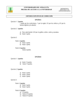 UNIVERSIDADES DE ANDALUCÍA
                                                                                         MATEMÁTICAS
                  PRUEBA DE ACCESO A LA UNIVERSIDAD                                     APLICADAS A LAS
                                                                                      CIENCIAS SOCIALES II




                          CRITERIOS ESPECÍFICOS DE CORRECCIÓN

                                           OPCIÓN A
Ejercicio 1: 3 puntos
                1 punto por las restricciones, 1 por la región, 0.5 por los vértices y 0.5 por la
                función objetivo y la solución.

Ejercicio 2: 3 puntos

                a) Para cada función: 0.25 por la gráfica, vértice, cortes y curvatura.
                b) Hasta 1 punto.

Ejercicio 3:

        Parte I: 2 puntos
                 a) Hasta 1 punto.
                 b) Hasta 1 punto.

        Parte II: 2 puntos
                     Hasta 2 puntos.



                                           OPCIÓN B
Ejercicio 1: 3 puntos

                a) Hasta 1.5 puntos.
                b) Hasta 1.5 puntos.


Ejercicio 2: 3 puntos

                a) Hasta 1 punto.
                b) Hasta 1 punto.
                c) Hasta 1 punto.

Ejercicio 3:

        Parte I: 2 puntos
                 a) Hasta 1 punto.
                 b) Hasta 1 punto.

        Parte II: 2 puntos
                 a) 0.5 puntos.
                 b) Hasta 0.75 puntos.
                 c) Hasta 0.75 puntos.
 