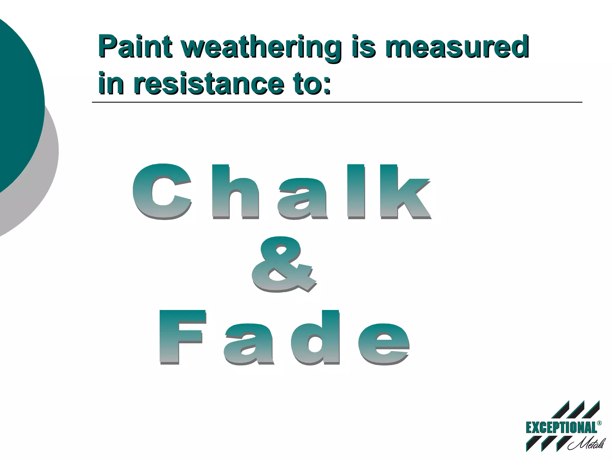 Paint weathering is measuredPaint weathering is measured
in resistance to:in resistance to:
 