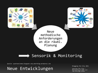 Neue
                                           methodische
                                          Anforderungen
                                          an die räuml.
                                             Planung


                                Sensorik & Monitoring
Quelle: quantumcinema.blogspot.com,smartblog.wordpress.com
                                                             Blogging the City 2011

Neue Entwicklungen                                           Sensing the City -
                                                             Monitoring & Web 2.0
                                                             Jan-Philipp Exner
 