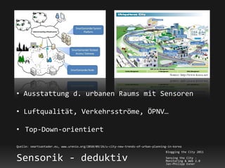 • Ausstattung d. urbanen Raums mit Sensoren

• Luftqualität, Verkehrsströme, ÖPNV…

• Top-Down-orientiert

Quelle: smartsantader.eu, www.urenio.org/2010/09/26/u-city-new-trends-of-urban-planning-in-korea
                                                                                      Blogging the City 2011

Sensorik - deduktiv                                                                   Sensing the City -
                                                                                      Monitoring & Web 2.0
                                                                                      Jan-Philipp Exner
 