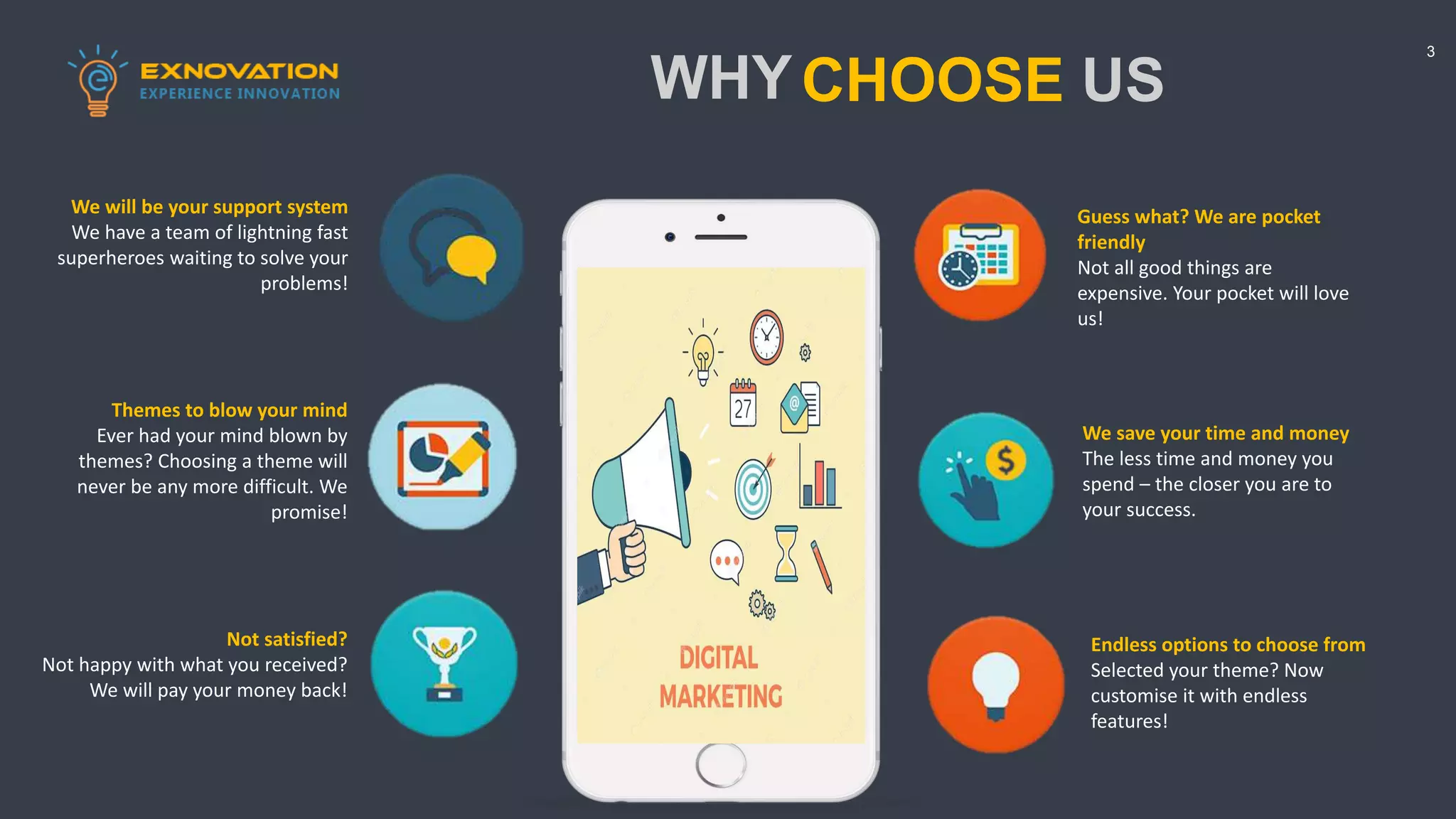 3
We will be your support system
We have a team of lightning fast
superheroes waiting to solve your
problems!
Guess what? We are pocket
friendly
Not all good things are
expensive. Your pocket will love
us!
We save your time and money
The less time and money you
spend – the closer you are to
your success.
Endless options to choose from
Selected your theme? Now
customise it with endless
features!
Themes to blow your mind
Ever had your mind blown by
themes? Choosing a theme will
never be any more difficult. We
promise!
Not satisfied?
Not happy with what you received?
We will pay your money back!
CHOOSE US
WHY
 