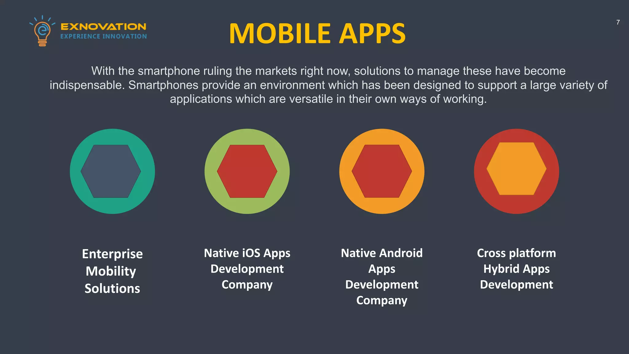 7
MOBILE APPS
Enterprise
Mobility
Solutions
Native iOS Apps
Development
Company
Native Android
Apps
Development
Company
Cross platform
Hybrid Apps
Development
With the smartphone ruling the markets right now, solutions to manage these have become
indispensable. Smartphones provide an environment which has been designed to support a large variety of
applications which are versatile in their own ways of working.
 