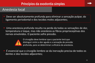  Deve ser absolutamente profunda para eliminar a sensação pulpar, do
ligamento periodontal e dos tecidos moles adjacentes;
 Uma anestesia profunda resulta na perda da todas as sensações de dor,
temperatura e toque, mas não anestesia as fibras proprioceptivas dos
nervos envolvidos. O paciente sofre pressão.
 É essencial que o cirurgião lembre-se da inervação precisa de todos os
dentes e dos tecidos adjacentes;
15
Princípios da exodontia simples
Anestesia local
O cirurgião deve lembrar que o paciente terá que
distinguir entre a dor aguda e a sensação de pressão
profunda, para se determinar a eficácia da anestesia.
 