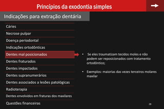 Cáries
Necrose pulpar
Doença periodontal
Indicações ortodônticas
Dentes mal posicionados
Dentes fraturados
Dentes impactados
Dentes supranumerários
Dentes associados a lesões patológicas
Radioterapia
Dentes envolvidos em fraturas dos maxilares
Questões financeiras 28
Princípios da exodontia simples
Indicações para extração dentária
• Se eles traumatizam tecidos moles e não
podem ser reposicionados com tratamento
ortodôntico;
• Exemplos: maiorias das vezes terceiros molares
maxilar
 