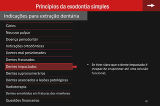 Cáries
Necrose pulpar
Doença periodontal
Indicações ortodônticas
Dentes mal posicionados
Dentes fraturados
Dentes impactados
Dentes supranumerários
Dentes associados a lesões patológicas
Radioterapia
Dentes envolvidos em fraturas dos maxilares
Questões financeiras 30
Princípios da exodontia simples
Indicações para extração dentária
• Se tiver claro que o dente impactado é
incapaz de erupcionar até uma oclusão
funcional;
 