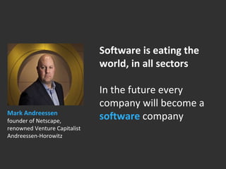 Software is eating the 
world, in all sectors 
In the future every 
company will become a 
Mark Andreessen software company 
founder of Netscape, 
renowned Venture Capitalist 
Andreessen-Horowitz 
 