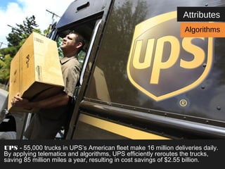 Attributes 
Algorithms 
UPS - 55,000 trucks in UPS’s American fleet make 16 million deliveries daily. 
By applying telematics and algorithms, UPS efficiently reroutes the trucks, 
saving 85 million miles a year, resulting in cost savings of $2.55 billion. 
 