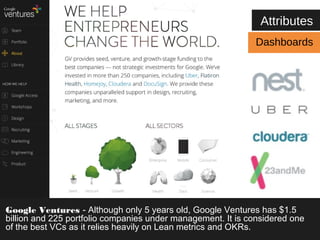 Attributes 
Dashboards 
Google Ventures - Although only 5 years old, Google Ventures has $1.5 
billion and 225 portfolio companies under management. It is considered one 
of the best VCs as it relies heavily on Lean metrics and OKRs. 
 