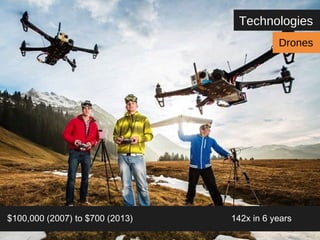 Technologies 
Drones 
$100,000 (2007) to $700 (2013) 142x in 6 years 
 