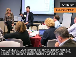 Attributes 
Experimentation 
General Electric - GE implemented the FastWorks program inside their 
organization to stimulate innovation and experimentation. Currently 40,000 
employees have joined the program, resulting in 300 pilot projects. 
 