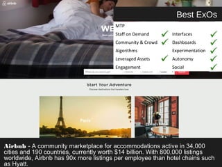 Best ExOs 
MTP 
Staff on Demand Interfaces 
Community & Crowd Dashboards 
Algorithms Experimentation 
Leveraged Assets Autonomy 
Engagement Social 
Airbnb - A community marketplace for accommodations active in 34,000 
cities and 190 countries, currently worth $14 billion. With 800,000 listings 
worldwide, Airbnb has 90x more listings per employee than hotel chains such 
as Hyatt. 
 