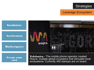Incubators 
Accelerators 
Hackerspaces 
Create your 
own 
Strategies 
Leverage Ecosystem 
Telefonica - The mobile phone operator created 
Wayra: multiple global incubators that stimulate local 
ecosystems. Currently 400 startups are on board. 
 