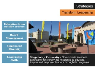Education from 
outside sources 
Board 
Management 
Implement 
Diversity 
Leadership 
Skills 
Strategies 
Transform Leadership 
Singularity University - One outside source is 
Singularity University. Its mission is to educate, 
inspire and empower leaders through its programs. 
 