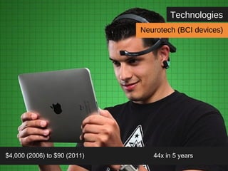 Technologies 
Neurotech (BCI devices) 
$4,000 (2006) to $90 (2011) 44x in 5 years 
 