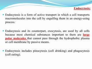 Endocytosis:
 Endocytosis is a form of active transport in which a cell transports
macromolecules into the cell by engulfing them in an energy-using
process.
 Endocytosis and its counterpart, exocytosis, are used by all cells
because most chemical substances important to them are large
polar molecules that cannot pass through the hydrophobic plasma
or cell membrane by passive means.
 Endocytosis includes pinocytosis (cell drinking) and phagocytosis
(cell eating).
 