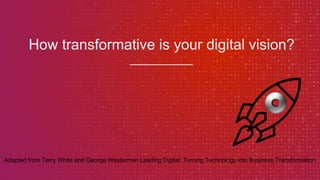 How transformative is your digital vision?
Adapted from Terry White and George Westerman Leading Digital: Turning Technology into Business Transformation.
 
