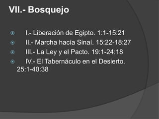 VII.- Bosquejo
 I.- Liberación de Egipto. 1:1-15:21
 II.- Marcha hacía Sinaí. 15:22-18:27
 III.- La Ley y el Pacto. 19:1-24:18
 IV.- El Tabernáculo en el Desierto.
25:1-40:38
 