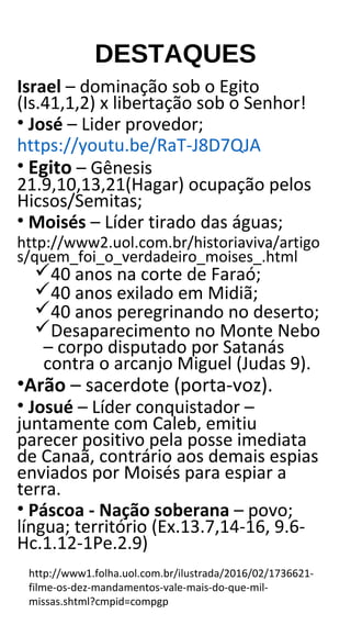 DESTAQUES
Israel – dominação sob o Egito
(Is.41,1,2) x libertação sob o Senhor!
• José – Lider provedor;
https://youtu.be/RaT-J8D7QJA
• Egito – Gênesis
21.9,10,13,21(Hagar) ocupação pelos
Hicsos/Semitas;
• Moisés – Líder tirado das águas;
http://www2.uol.com.br/historiaviva/artigo
s/quem_foi_o_verdadeiro_moises_.html
40 anos na corte de Faraó;
40 anos exilado em Midiã;
40 anos peregrinando no deserto;
Desaparecimento no Monte Nebo
– corpo disputado por Satanás
contra o arcanjo Miguel (Judas 9).
•Arão – sacerdote (porta-voz).
• Josué – Líder conquistador –
juntamente com Caleb, emitiu
parecer positivo pela posse imediata
de Canaã, contrário aos demais espias
enviados por Moisés para espiar a
terra.
• Páscoa - Nação soberana – povo;
língua; território (Ex.13.7,14-16, 9.6-
Hc.1.12-1Pe.2.9)
http://www1.folha.uol.com.br/ilustrada/2016/02/1736621-
filme-os-dez-mandamentos-vale-mais-do-que-mil-
missas.shtml?cmpid=compgp
 