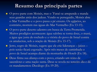 Resumo das principais partes








O povo parte com Moisés, mas o ´Faraó se arrepende e manda
seus guardas atrás dos judeus. Vendo-se perseguido, Moisés abre
o Mar Vermelho e o povo passa a pé enxuto. Os egípcios, ao
contrário, morrem nas águas do Mar Vermelho (Ex 13-15).
O povo parte deserto adentro em busca da Terra Prometida.
Muitos prodígios acontecem: água salobra se torna doce, o maná,
a água que jorra do rochedo e a vitória do povo de Israel contra
os amalecitas, sob a oração de Moisés (Ex 15-17).
Jetro, sogro de Moisés, sugere que ele crie lideranças – juízes –
pois senão ficará esgotado. Após três meses de caminhada o
povo de Israel acampa diante da montanha do Horeb (Ex 18).
Deus firma sua aliança com o povo, criando um reino de
sacerdotes e uma nação santa. Deus se revela no terceiro dia e dá
os mandamentos: Decálogo (Ex 19-20).

 