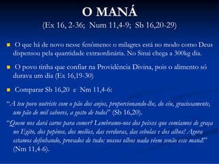 O MANÁ
(Ex 16, 2-36; Num 11,4-9; Sb 16,20-29)


O que há de novo nesse fenômeno: o milagres está no modo como Deus
dispensou pela quantidade extraordinária. No Sinai chega a 300kg dia.



O povo tinha que confiar na Providência Divina, pois o alimento só
durava um dia (Ex 16,19-30)



Comparar Sb 16,20 e Nm 11,4-6:

“A teu povo nutriste com o pão dos anjos, proporcionando-lhe, do céu, graciosamente,
um pão de mil sabores, a gosto de todos” (Sb 16,20).
“Quem nos dará carne para comer? Lembramo-nos dos peixes que comíamos de graça
no Egito, dos pepinos, dos melões, das verduras, das cebolas e dos alhos! Agora
estamos definhando, provados de tudo: nossos olhos nada vêem senão esse maná!”
(Nm 11,4-6).

 