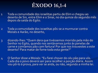 ÊXODO 16,1-4
1

Toda a comunidade dos israelitas partiu de Elim e chegou ao 
deserto de Sin, entre Elim e o Sinai, no dia quinze do segundo mês 
depois da saída do Egito. 

2

Toda a comunidade dos israelitas pôs‐se a murmurar contra 
Moisés e Aarão, no deserto, 

3

dizendo‐lhes: “Quem dera que tivéssemos morrido pela mão do 
Senhor no Egito, quando nos sentávamos junto às panelas de 
carne e comíamos pão com fartura! Por que nos trouxestes a este 
deserto? Para matar de fome toda esta gente?”

4

O Senhor disse a Moisés: “Eu farei chover do céu pão para vós. 
Cada dia o povo deverá sair para recolher a porção diária. Assim 
vou pô‐lo à prova, para ver se anda, ou não, segundo a minha lei. 

 