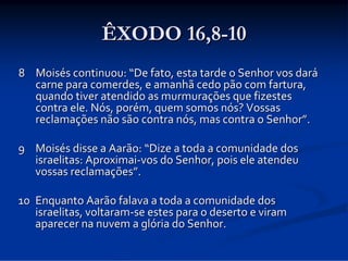 ÊXODO 16,8-10
8 Moisés continuou: “De fato, esta tarde o Senhor vos dará
carne para comerdes, e amanhã cedo pão com fartura, 
quando tiver atendido as murmurações que fizestes 
contra ele. Nós, porém, quem somos nós? Vossas 
reclamações não são contra nós, mas contra o Senhor”. 
9 Moisés disse a Aarão: “Dize a toda a comunidade dos 
israelitas: Aproximai‐vos do Senhor, pois ele atendeu 
vossas reclamações”. 
10 Enquanto Aarão falava a toda a comunidade dos 
israelitas, voltaram‐se estes para o deserto e viram 
aparecer na nuvem a glória do Senhor.

 