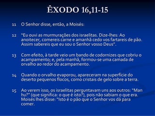ÊXODO 16,11-15
11  O Senhor disse, então, a Moisés: 
12 “Eu ouvi as murmurações dos israelitas. Dize‐lhes: Ao 
anoitecer, comereis carne e amanhã cedo vos fartareis de pão. 
Assim sabereis que eu sou o Senhor vosso Deus”. 
13 Com efeito, à tarde veio um bando de codornizes que cobriu o 
acampamento; e, pela manhã, formou‐se uma camada de 
orvalho ao redor do acampamento. 
14 Quando o orvalho evaporou, apareceram na superfície do 
deserto pequenos flocos, como cristais de gelo sobre a terra. 
15 Ao verem isso, os israelitas perguntavam uns aos outros: “Man
hu?” (que significa: o que é isto?), pois não sabiam o que era. 
Moisés lhes disse: “Isto é o pão que o Senhor vos dá para 
comer. 

 