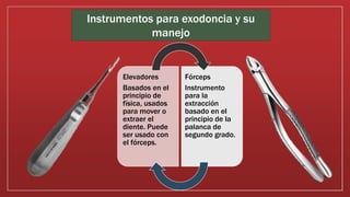 Instrumentos para exodoncia y su
manejo
Elevadores
Basados en el
principio de
física, usados
para mover o
extraer el
diente. Puede
ser usado con
el fórceps.
Fórceps
Instrumento
para la
extracción
basado en el
principio de la
palanca de
segundo grado.
 