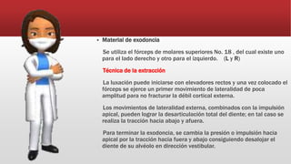  Material de exodoncia
Se utiliza el fórceps de molares superiores No. 18 , del cual existe uno
para el lado derecho y otro para el izquierdo. (L y R)
Técnica de la extracción
La luxación puede iniciarse con elevadores rectos y una vez colocado el
fórceps se ejerce un primer movimiento de lateralidad de poca
amplitud para no fracturar la débil cortical externa.
Los movimientos de lateralidad externa, combinados con la impulsión
apical, pueden lograr la desarticulación total del diente; en tal caso se
realiza la tracción hacia abajo y afuera.
Para terminar la exodoncia, se cambia la presión o impulsión hacia
apical por la tracción hacia fuera y abajo consiguiendo desalojar el
diente de su alvéolo en dirección vestibular.
 