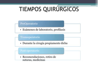 PreOperatorio
• Exámenes de laboratorio, profilaxis
Transoperatorio
• Durante la cirugía propiamente dicha
Post-operatorio
• Recomendaciones, retiro de
suturas, medicinas
TIEMPOS QUIRÚRGICOS
 