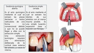 Exodoncia quirúrgica:
abierta
Es el acto quirúrgico
mediante el cual se
extraen las piezas
dentarias o restos
radiculares de una
forma no
convencional, debido
a que no se puede
llegar a ellas con la
extracción simple.
Una extracción
quirúrgica requiere
una eliminación
deliberada de la
cortical ósea externa
del alvéolo y a veces la
interna.
Exodoncia simple:
cerrada
Es el acto mediante el
cual se extraen los
dientes de sus
alvéolos con el menor
trauma posible. Es
una simple luxación,
expansión ósea y
tracción con fórceps.
 