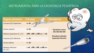 INSTRUMENTAL PARA LA EXODONCIA PEDIÁTRICA
Órgano dentario Fórceps Elevadores
Incisivos (C/L) Superiores 150 sk
Elevadores rectos
301-302-303-304
Elevadores Apicales
Izquierdo/ Derecho
Canino superior 150 sk
Molares Superiores (1° y 2°) 10SK, 23SK, 222SK,563, 17 sk
Incisivos (C/L) Inferiores 151 sk
Canino inferior 151 sk
Molares Inferiores
(1° y 2°)
17 sk, 10SK, 23SK, 222SK,563
 