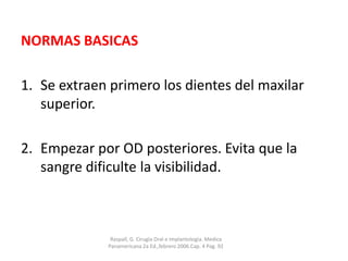 NORMAS BASICAS
1. Se extraen primero los dientes del maxilar
superior.
2. Empezar por OD posteriores. Evita que la
sangre dificulte la visibilidad.

Raspall, G. Cirugìa Oral e Implantologìa. Medica
Panamericana 2a Ed.,febrero 2006.Cap. 4 Pag. 92

 