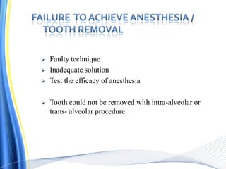  Faulty technique
 Inadequate solution
 Test the efficacy of anesthesia
 Tooth could not be removed with intra-alveolar or
trans- alveolar procedure.
 