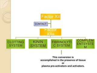Factor
XIIa
CLOTTING
SYSTEM
KININ
SYSTEM
FIBRINOLYTI
C SYSTEM
COMPLEM
ENTSYSTE
M
Factor XII
CONTACT
This conversion is
accomplished in the presence of tissue
or
plasma pro-activators and activators.
 