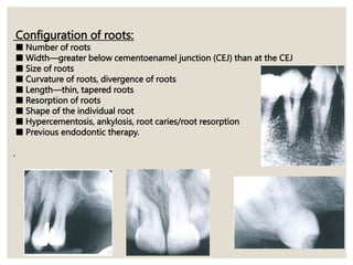 Configuration of roots:
■ Number of roots
■ Width—greater below cementoenamel junction (CEJ) than at the CEJ
■ Size of roots
■ Curvature of roots, divergence of roots
■ Length—thin, tapered roots
■ Resorption of roots
■ Shape of the individual root
■ Hypercementosis, ankylosis, root caries/root resorption
■ Previous endodontic therapy.
.
 