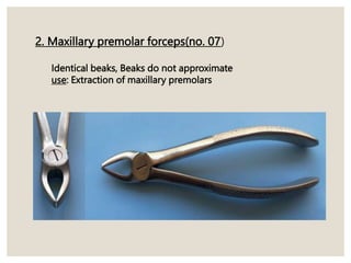 2. Maxillary premolar forceps(no. 07)
Identical beaks, Beaks do not approximate
use: Extraction of maxillary premolars
 