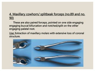 4. Maxillary cowhorn/ splitbeak forceps (no.89 and no.
90)
These are also paired forceps, pointed on one side engaging
engaging buccal bifurcation and notched/split on the other
engaging palatal root.
Use: Extraction of maxillary molars with extensive loss of coronal
structure.
 