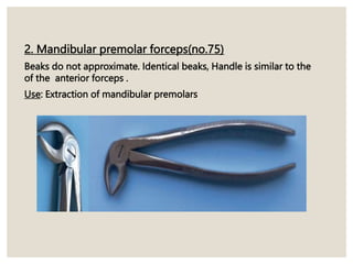 2. Mandibular premolar forceps(no.75)
Beaks do not approximate. Identical beaks, Handle is similar to the
of the anterior forceps .
Use: Extraction of mandibular premolars
 