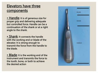 Elevators have three
components
• Handle: It is of generous size for
proper grip and delivering adequate
but controlled force. Handle can be a
continuation of the shank or at a right
angle to the shank.
• Shank: It connects the handle
with the working end or blade of the
elevator. It is strong enough to
transmit the force from the handle to
the blade.
• Blade: It is the working end of the
instrument and transmits the force to
the tooth, bone, or both to achieve
the desired action
 