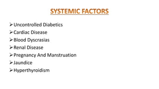 Uncontrolled Diabetics
Cardiac Disease
Blood Dyscrasias
Renal Disease
Pregnancy And Manstruation
Jaundice
Hyperthyroidism
 
