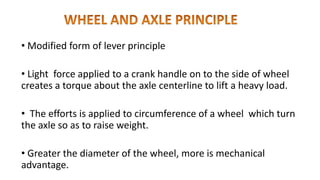 • Modified form of lever principle
• Light force applied to a crank handle on to the side of wheel
creates a torque about the axle centerline to lift a heavy load.
• The efforts is applied to circumference of a wheel which turn
the axle so as to raise weight.
• Greater the diameter of the wheel, more is mechanical
advantage.
 