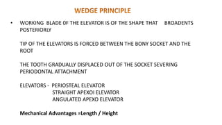 • WORKING BLADE 0F THE ELEVATOR IS OF THE SHAPE THAT BROADENTS
POSTERIORLY
TIP OF THE ELEVATORS IS FORCED BETWEEN THE BONY SOCKET AND THE
ROOT
THE TOOTH GRADUALLY DISPLACED OUT OF THE SOCKET SEVERING
PERIODONTAL ATTACHMENT
ELEVATORS - PERIOSTEAL ELEVATOR
STRAIGHT APEXOI ELEVATOR
ANGULATED APEXO ELEVATOR
Mechanical Advantages =Length / Height
 