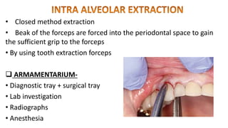 • Closed method extraction
• Beak of the forceps are forced into the periodontal space to gain
the sufficient grip to the forceps
• By using tooth extraction forceps
 ARMAMENTARIUM-
• Diagnostic tray + surgical tray
• Lab investigation
• Radiographs
• Anesthesia
 