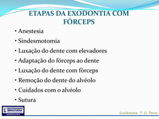 ETAPAS DA EXODONTIA COM
             FÓRCEPS
• Anestesia
• Sindesmotomia
• Luxação do dente com elevadores
• Adaptação do fórceps ao dente
• Luxação do dente com fórceps
• Remoção do dente do alvéolo
• Cuidados com o alvéolo
• Sutura
 
