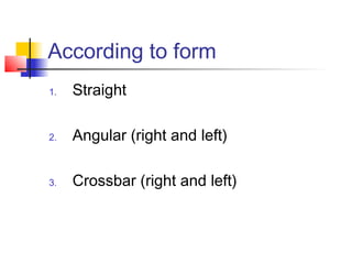 According to form 
1. Straight 
2. Angular (right and left) 
3. Crossbar (right and left) 
 