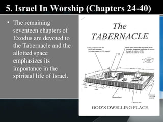 5. Israel In Worship (Chapters 24-40) The remaining seventeen chapters of Exodus are devoted to the Tabernacle and the allotted space emphasizes its importance in the spiritual life of Israel. 