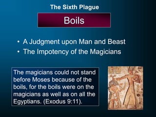 Boils
• A Judgment upon Man and Beast
• The Impotency of the Magicians
The Sixth Plague
The magicians could not stand
before Moses because of the
boils, for the boils were on the
magicians as well as on all the
Egyptians. (Exodus 9:11).
 